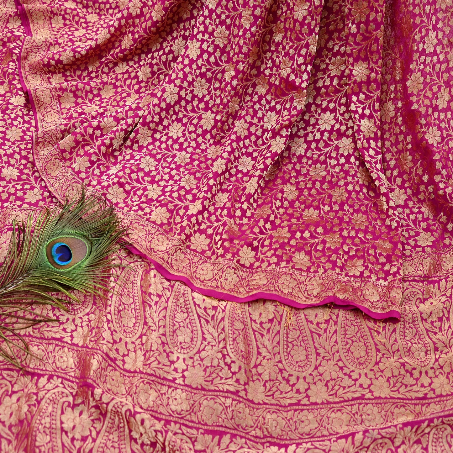 Antique Vintage Magenta Saree Pure Georgette Silk Hand Woven Banarasi Sari Craft Fabric 5Yd Sewing Soft Ethnic Zari Dress Making