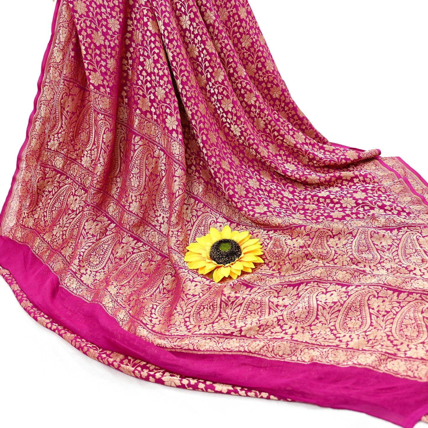 Antique Vintage Magenta Saree Pure Georgette Silk Hand Woven Banarasi Sari Craft Fabric 5Yd Sewing Soft Ethnic Zari Dress Making