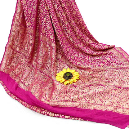 Antique Vintage Magenta Saree Pure Georgette Silk Hand Woven Banarasi Sari Craft Fabric 5Yd Sewing Soft Ethnic Zari Dress Making