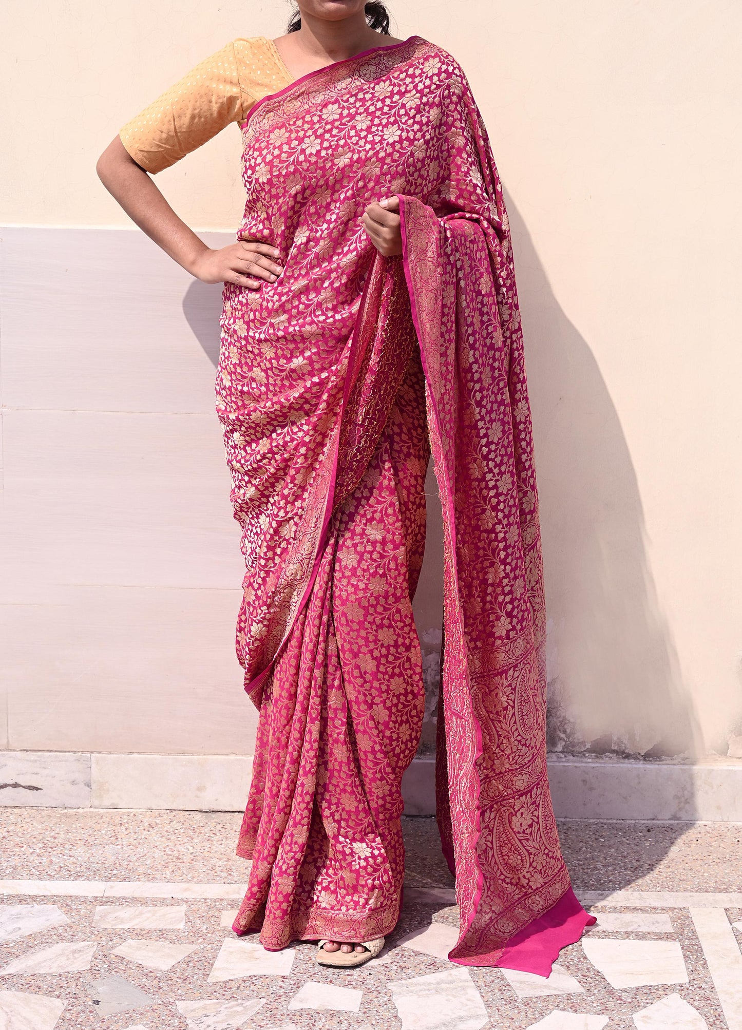 Antique Vintage Magenta Saree Pure Georgette Silk Hand Woven Banarasi Sari Craft Fabric 5Yd Sewing Soft Ethnic Zari Dress Making