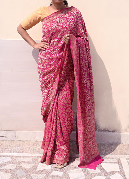 Antique Vintage Magenta Saree Pure Georgette Silk Hand Woven Banarasi Sari Craft Fabric 5Yd Sewing Soft Ethnic Zari Dress Making