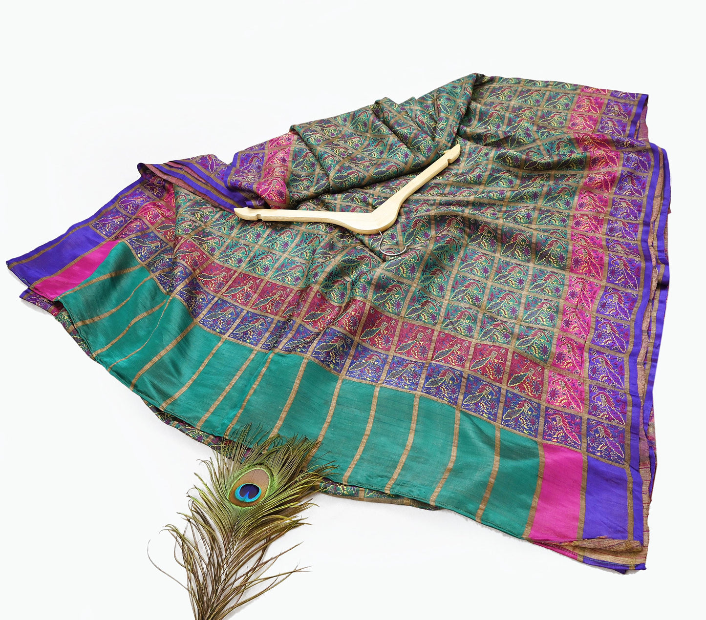 Indian Antique Vintage Sari Green Heavy Wedding  Pure Silk Hand Woven Gharchola Brocade Sarees Zari 5Yd Craft Fabric Dress Making Crafting