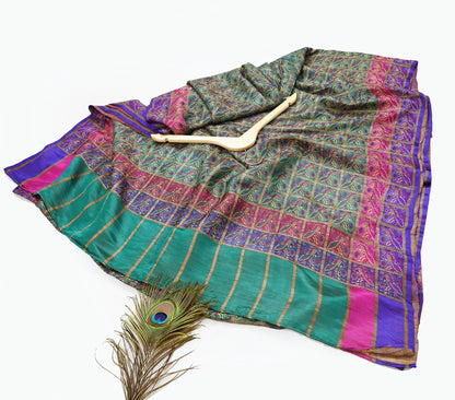 Indian Antique Vintage Sari Green Heavy Wedding  Pure Silk Hand Woven Gharchola Brocade Sarees Zari 5Yd Craft Fabric Dress Making Crafting