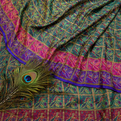 Indian Antique Vintage Sari Green Heavy Wedding  Pure Silk Hand Woven Gharchola Brocade Sarees Zari 5Yd Craft Fabric Dress Making Crafting