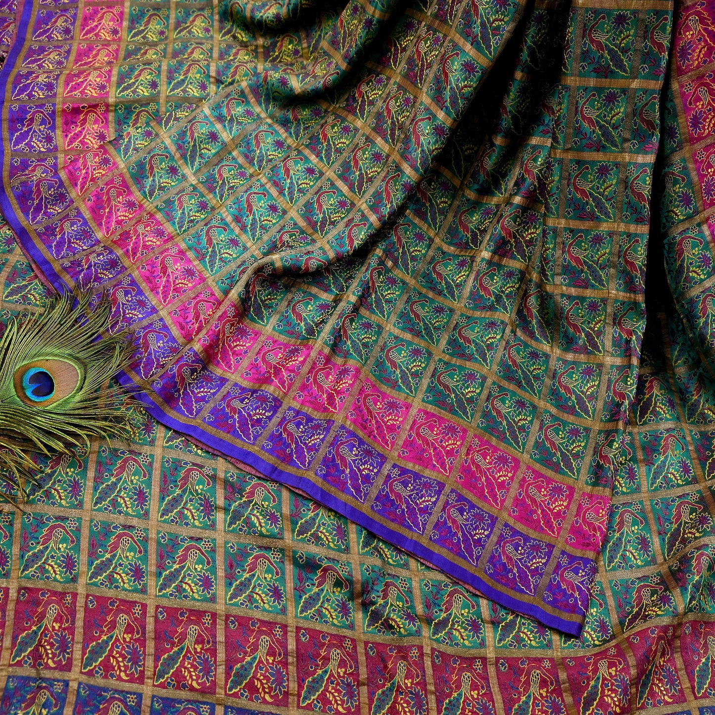 Indian Antique Vintage Sari Green Heavy Wedding  Pure Silk Hand Woven Gharchola Brocade Sarees Zari 5Yd Craft Fabric Dress Making Crafting