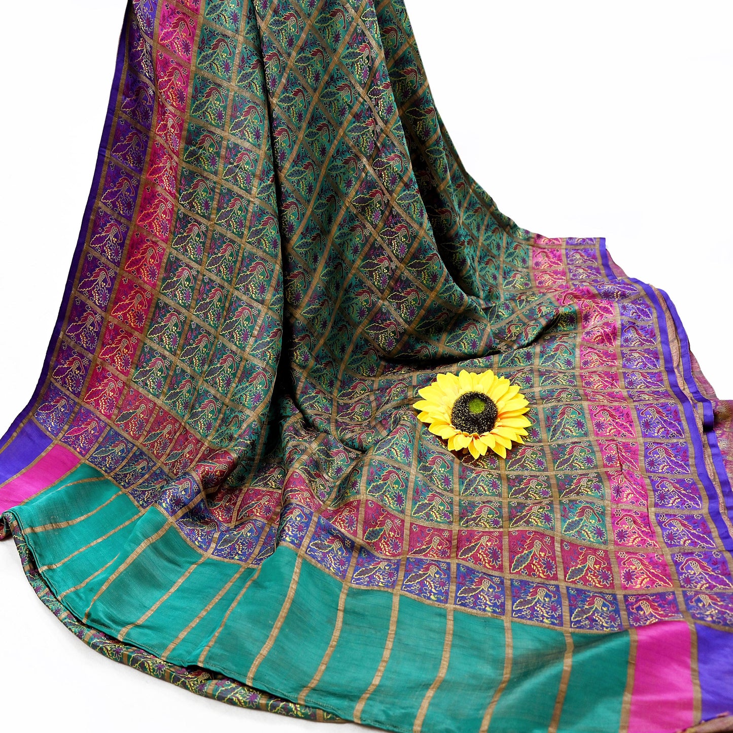 Indian Antique Vintage Sari Green Heavy Wedding  Pure Silk Hand Woven Gharchola Brocade Sarees Zari 5Yd Craft Fabric Dress Making Crafting