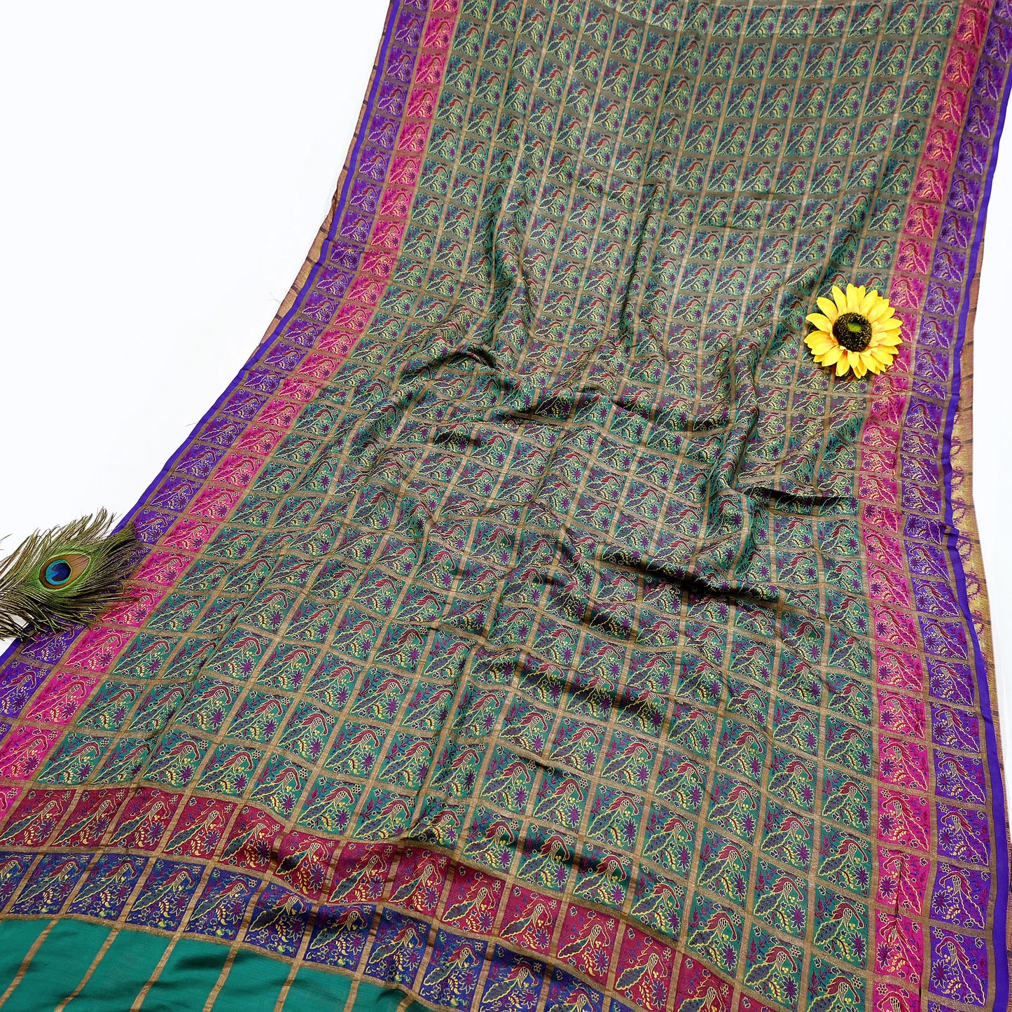 Indian Antique Vintage Sari Green Heavy Wedding  Pure Silk Hand Woven Gharchola Brocade Sarees Zari 5Yd Craft Fabric Dress Making Crafting