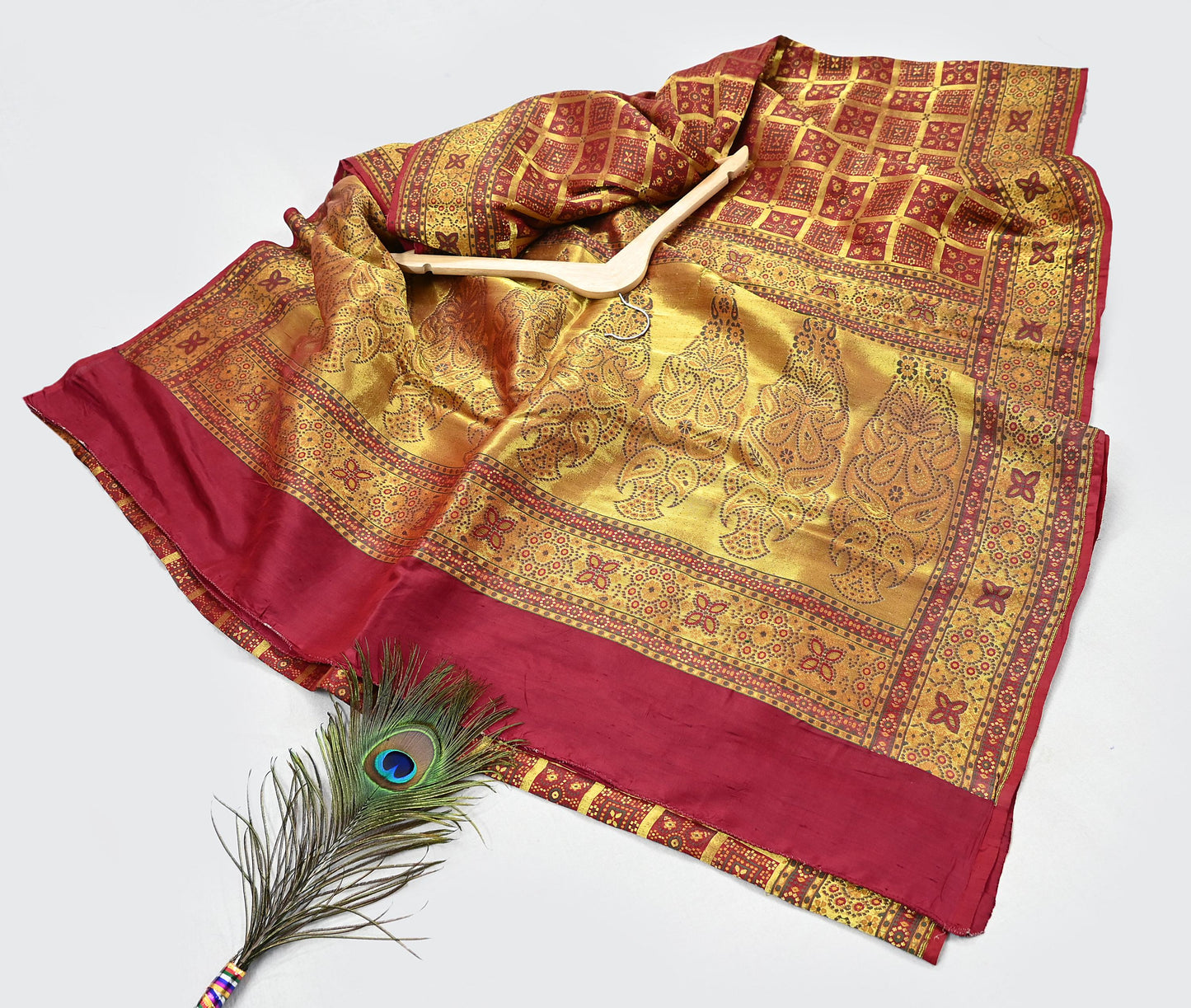 Indian Vintage Sari Maroon Heavy Wedding Pure Silk Hand Woven Gharchola Sarees Zari 5Yd Craft Fabric Dress Making Crafting Quilting