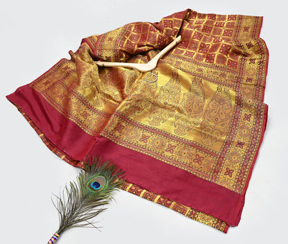 Indian Vintage Sari Maroon Heavy Wedding Pure Silk Hand Woven Gharchola Sarees Zari 5Yd Craft Fabric Dress Making Crafting Quilting