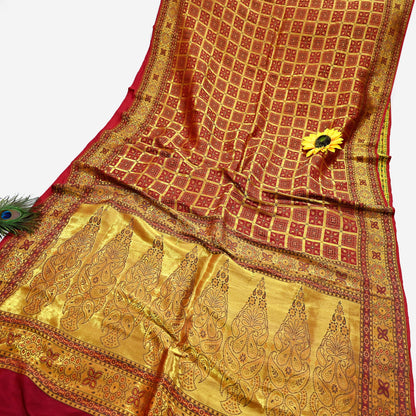 Indian Vintage Sari Maroon Heavy Wedding Pure Silk Hand Woven Gharchola Sarees Zari 5Yd Craft Fabric Dress Making Crafting Quilting