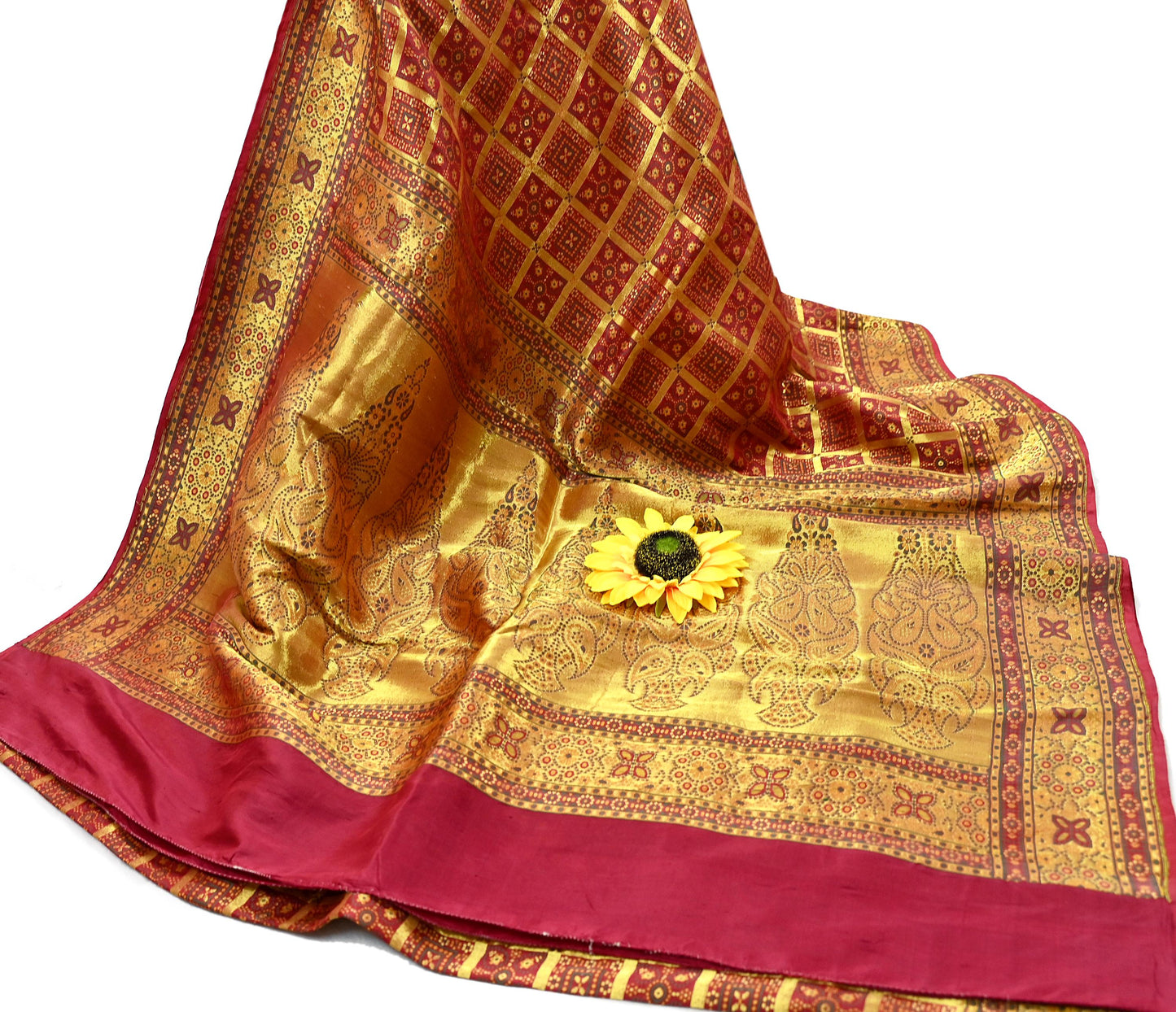 Indian Vintage Sari Maroon Heavy Wedding Pure Silk Hand Woven Gharchola Sarees Zari 5Yd Craft Fabric Dress Making Crafting Quilting