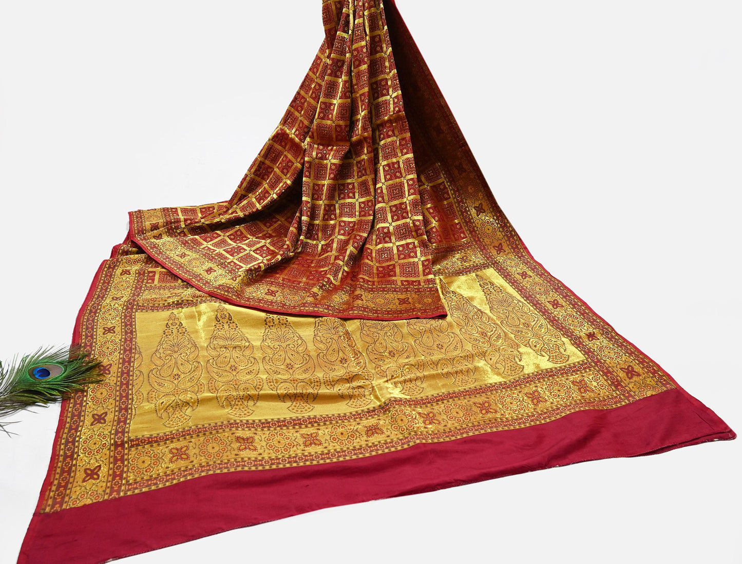 Indian Vintage Sari Maroon Heavy Wedding Pure Silk Hand Woven Gharchola Sarees Zari 5Yd Craft Fabric Dress Making Crafting Quilting