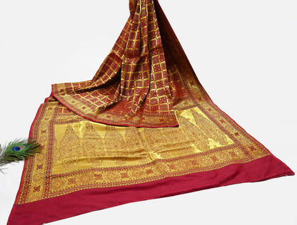Indian Vintage Sari Maroon Heavy Wedding Pure Silk Hand Woven Gharchola Sarees Zari 5Yd Craft Fabric Dress Making Crafting Quilting