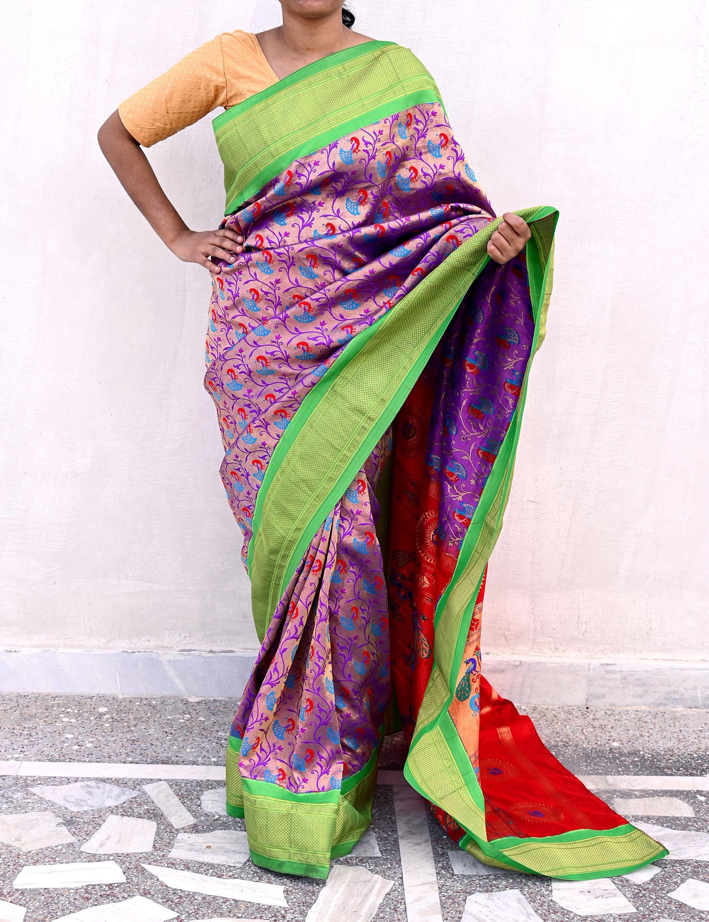 Indian Vintage Sari Pure Silk 100% Metallic Golden Zari Hand Woven Paithani sarees Wedding Wear pre-owned Bridal silk sarees Peacock