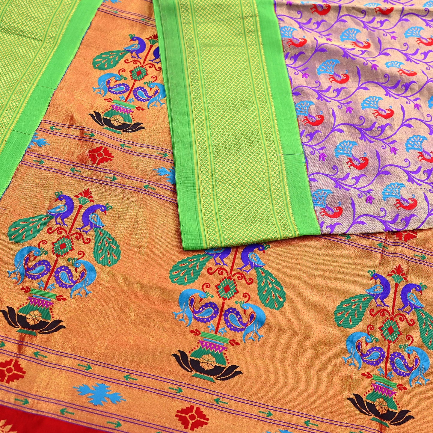 Indian Vintage Sari Pure Silk 100% Metallic Golden Zari Hand Woven Paithani sarees Wedding Wear pre-owned Bridal silk sarees Peacock