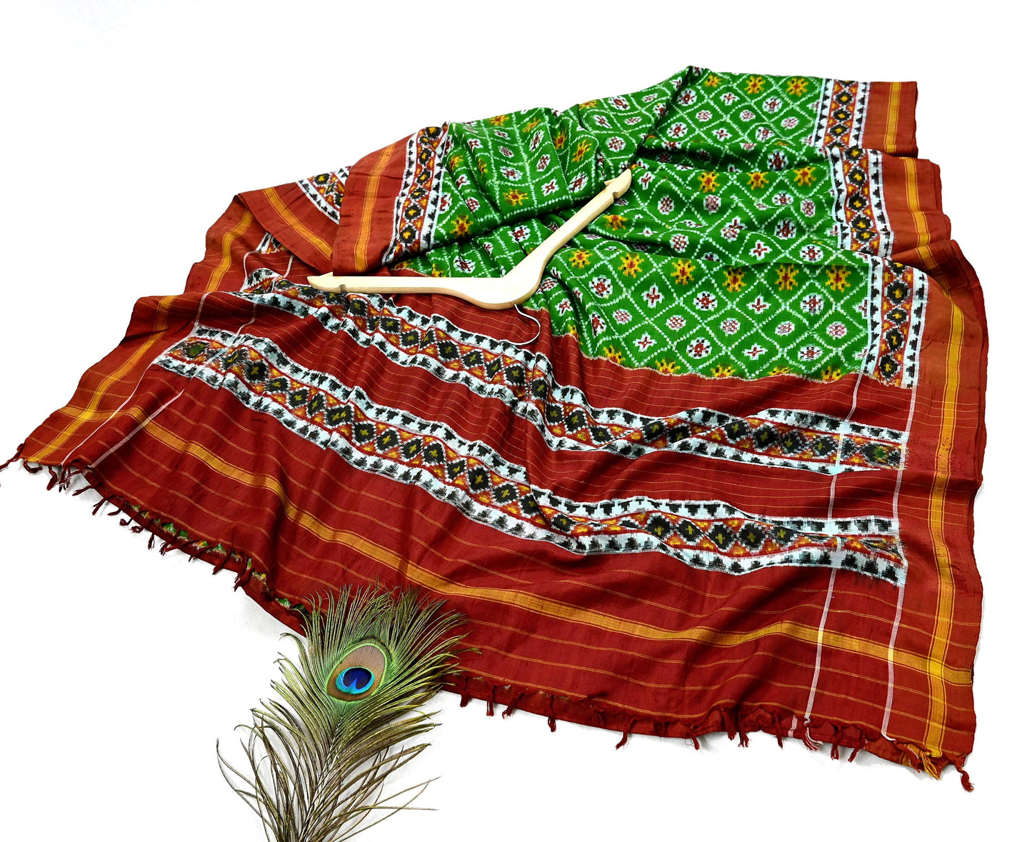 Indian Antique Vintage Hand Woven Double Ikat Patola Sarees 100% Pure Silk Craft Fabric 5Yd Dress Making Sewing For wearing