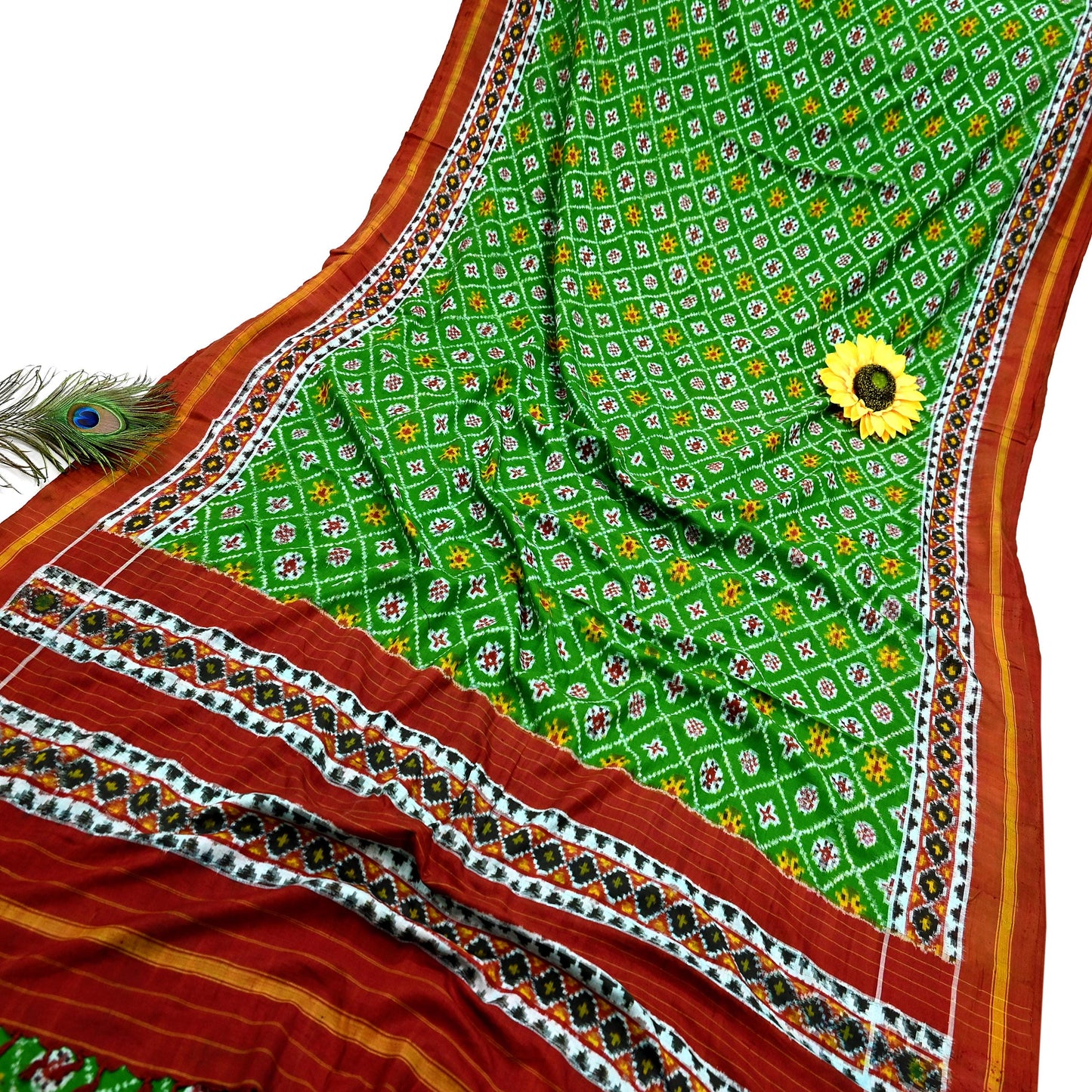 Indian Antique Vintage Hand Woven Double Ikat Patola Sarees 100% Pure Silk Craft Fabric 5Yd Dress Making Sewing For wearing