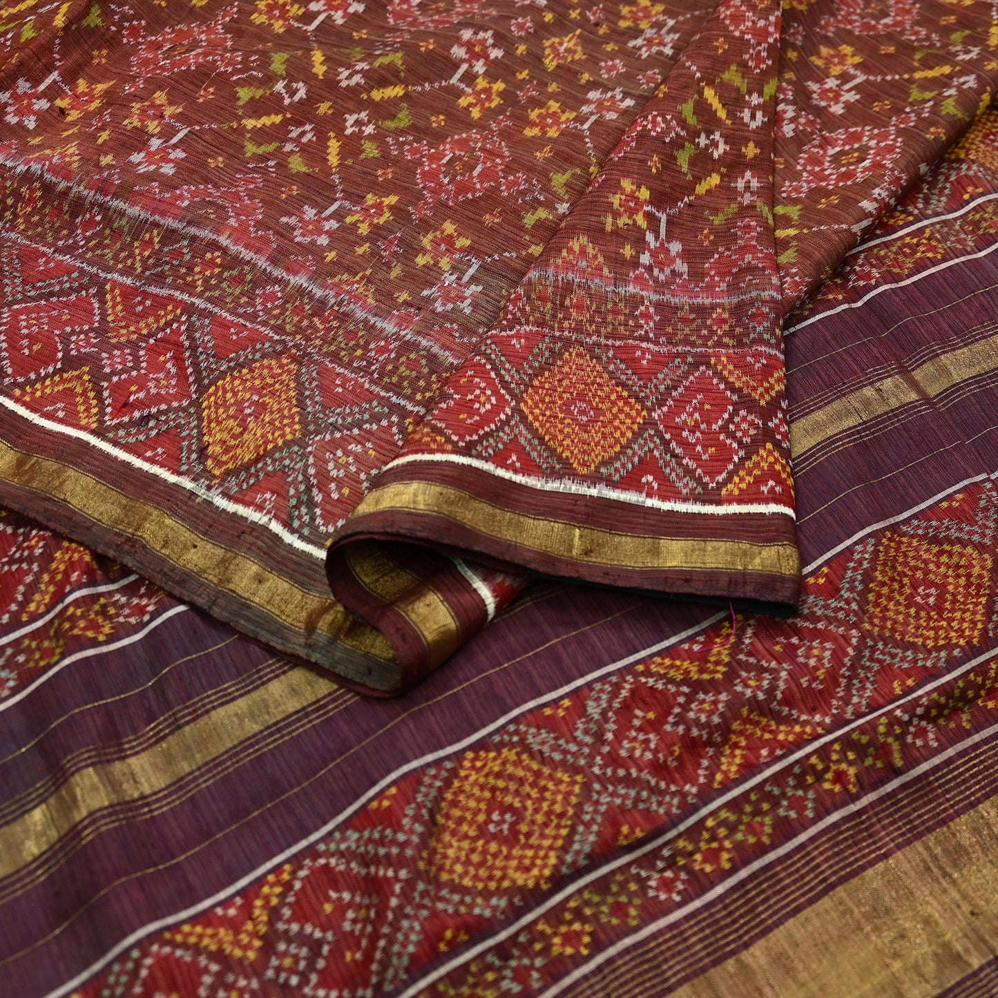 Indian Antique Vintage Brown Hand Woven Double Ikat Patola Sarees 100% Pure Silk Craft Fabric 5Yd Dress Making Sewing For wearing