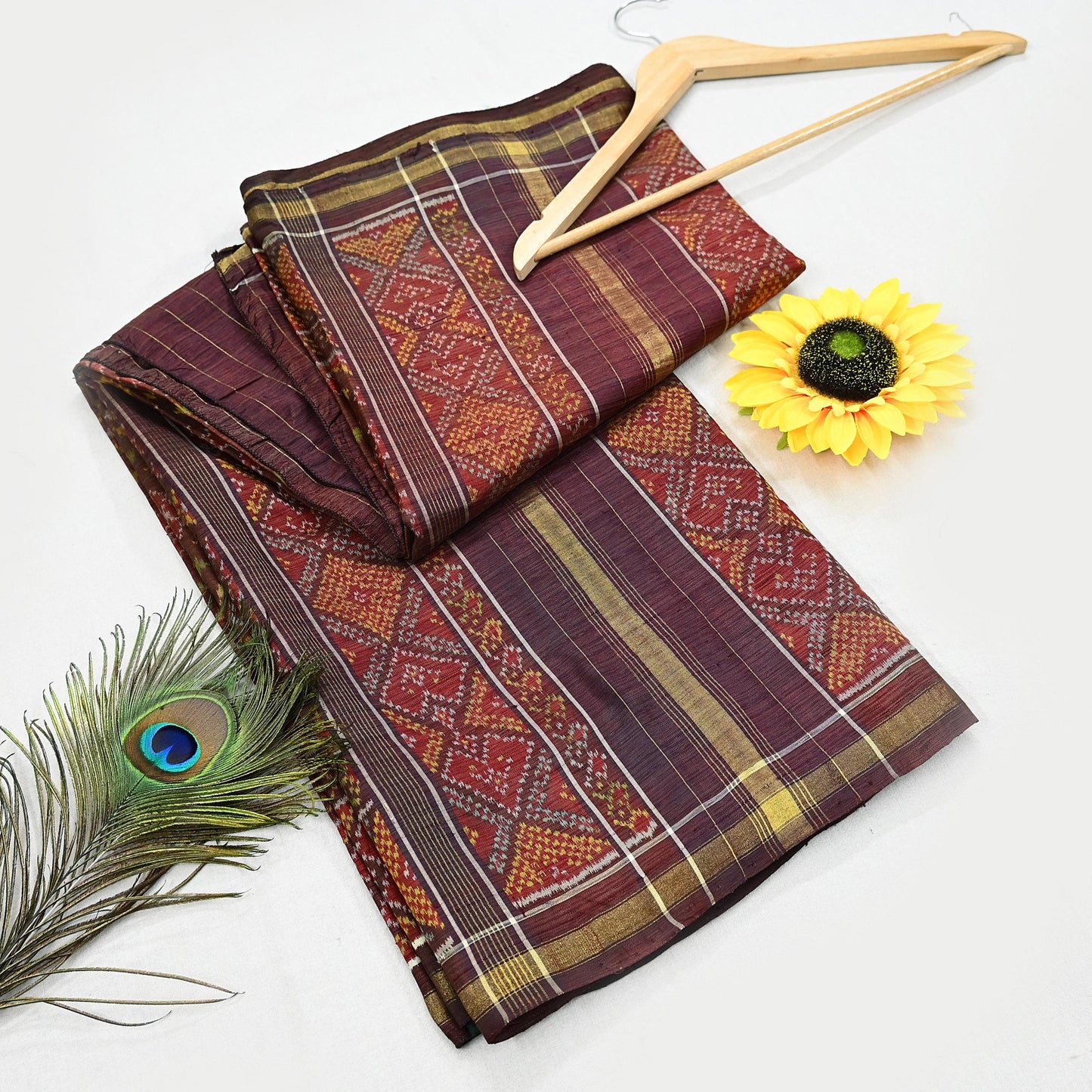 Indian Antique Vintage Brown Hand Woven Double Ikat Patola Sarees 100% Pure Silk Craft Fabric 5Yd Dress Making Sewing For wearing