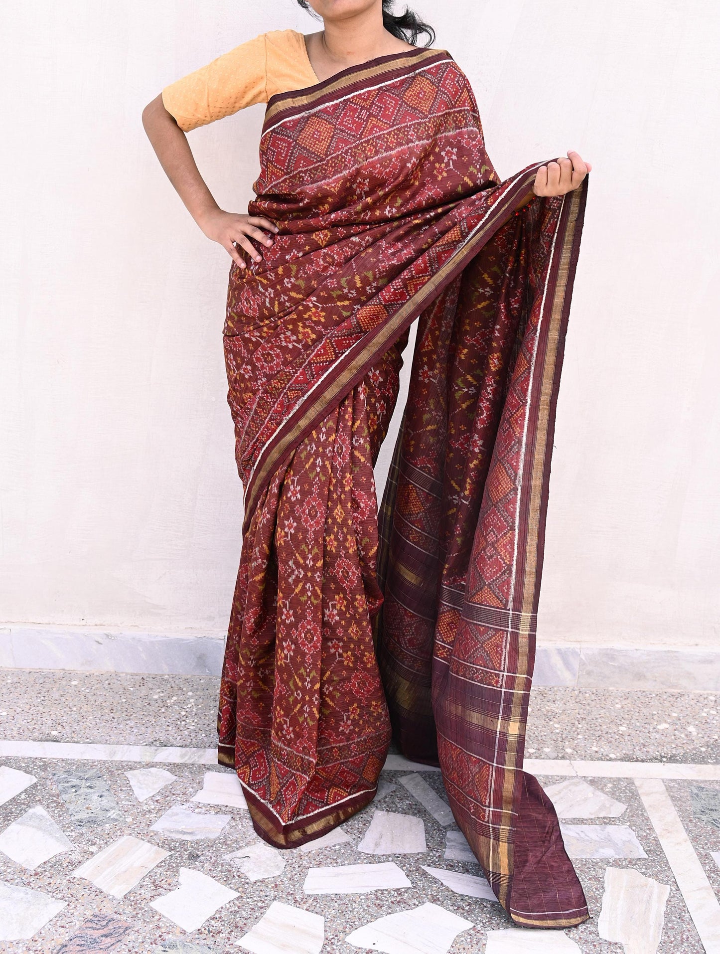 Indian Antique Vintage Brown Hand Woven Double Ikat Patola Sarees 100% Pure Silk Craft Fabric 5Yd Dress Making Sewing For wearing