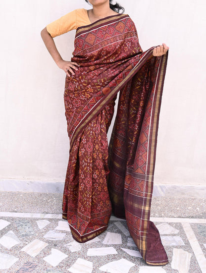 Indian Antique Vintage Brown Hand Woven Double Ikat Patola Sarees 100% Pure Silk Craft Fabric 5Yd Dress Making Sewing For wearing