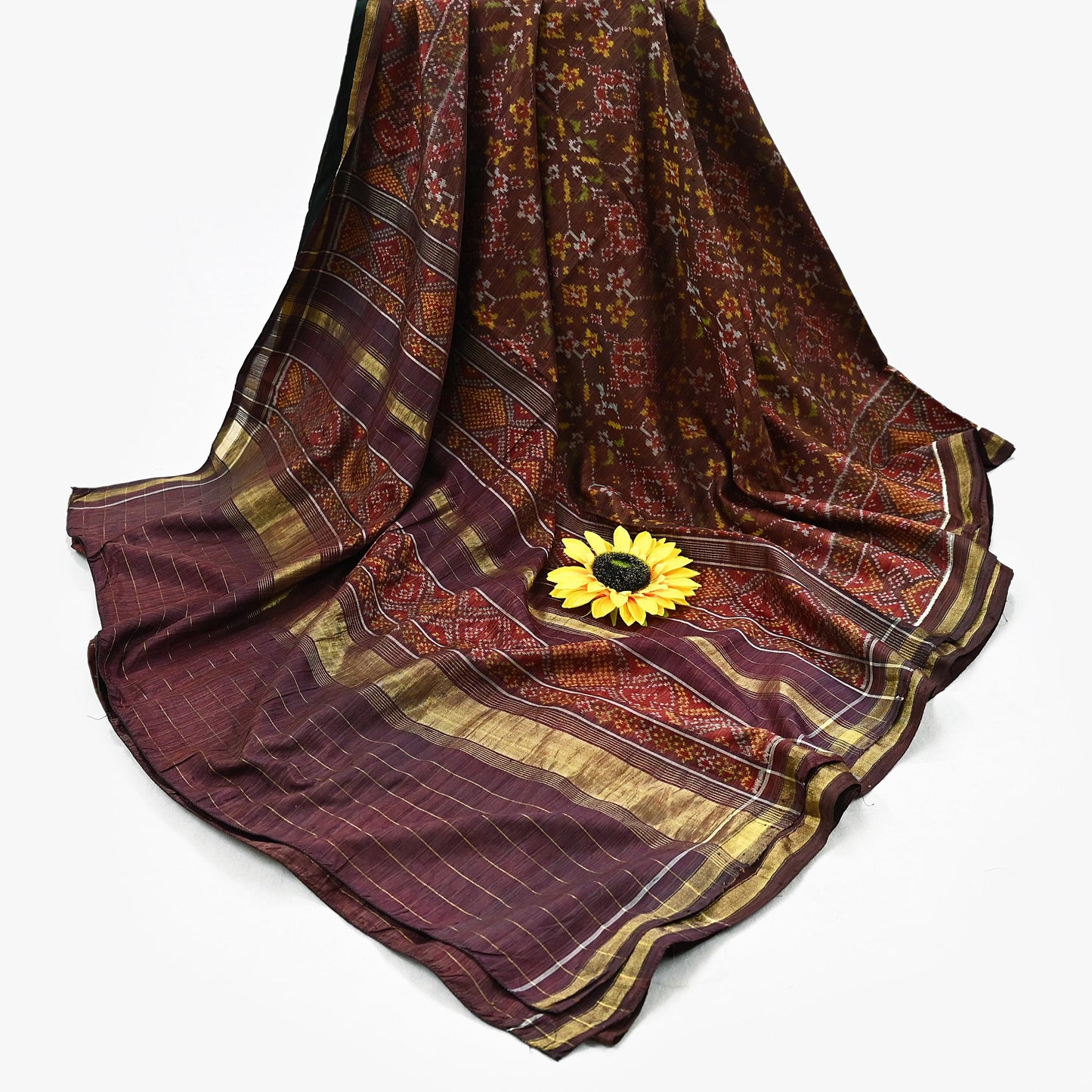 Indian Antique Vintage Brown Hand Woven Double Ikat Patola Sarees 100% Pure Silk Craft Fabric 5Yd Dress Making Sewing For wearing