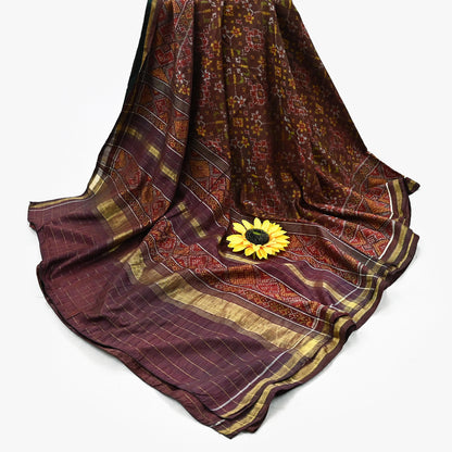 Indian Antique Vintage Brown Hand Woven Double Ikat Patola Sarees 100% Pure Silk Craft Fabric 5Yd Dress Making Sewing For wearing