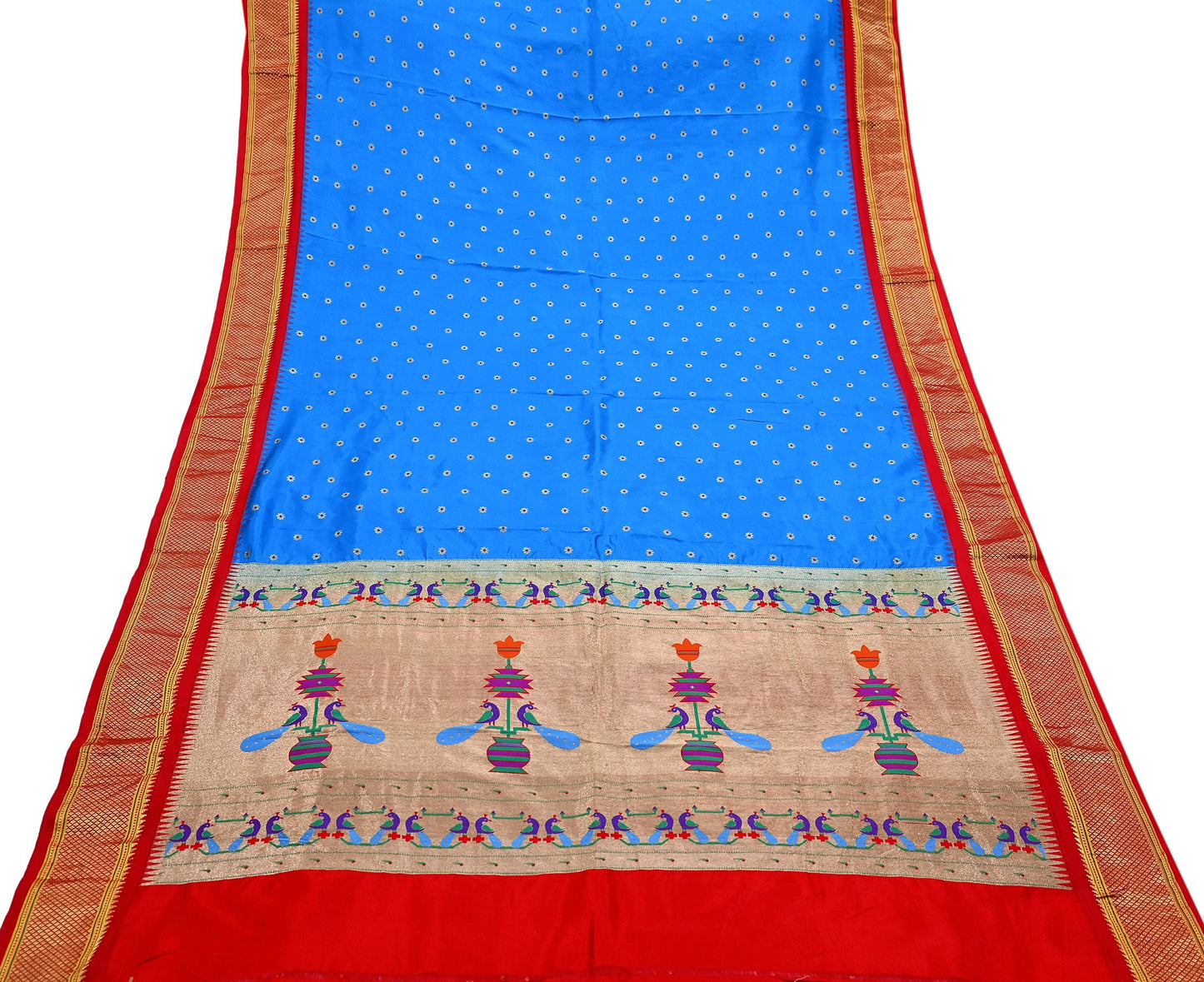 Indian Vintage Dupatta Blue & Red Artificial Silk Long Stole Hand Woven Paithani Scarves Veil Golden Zari Soft Peacock Design