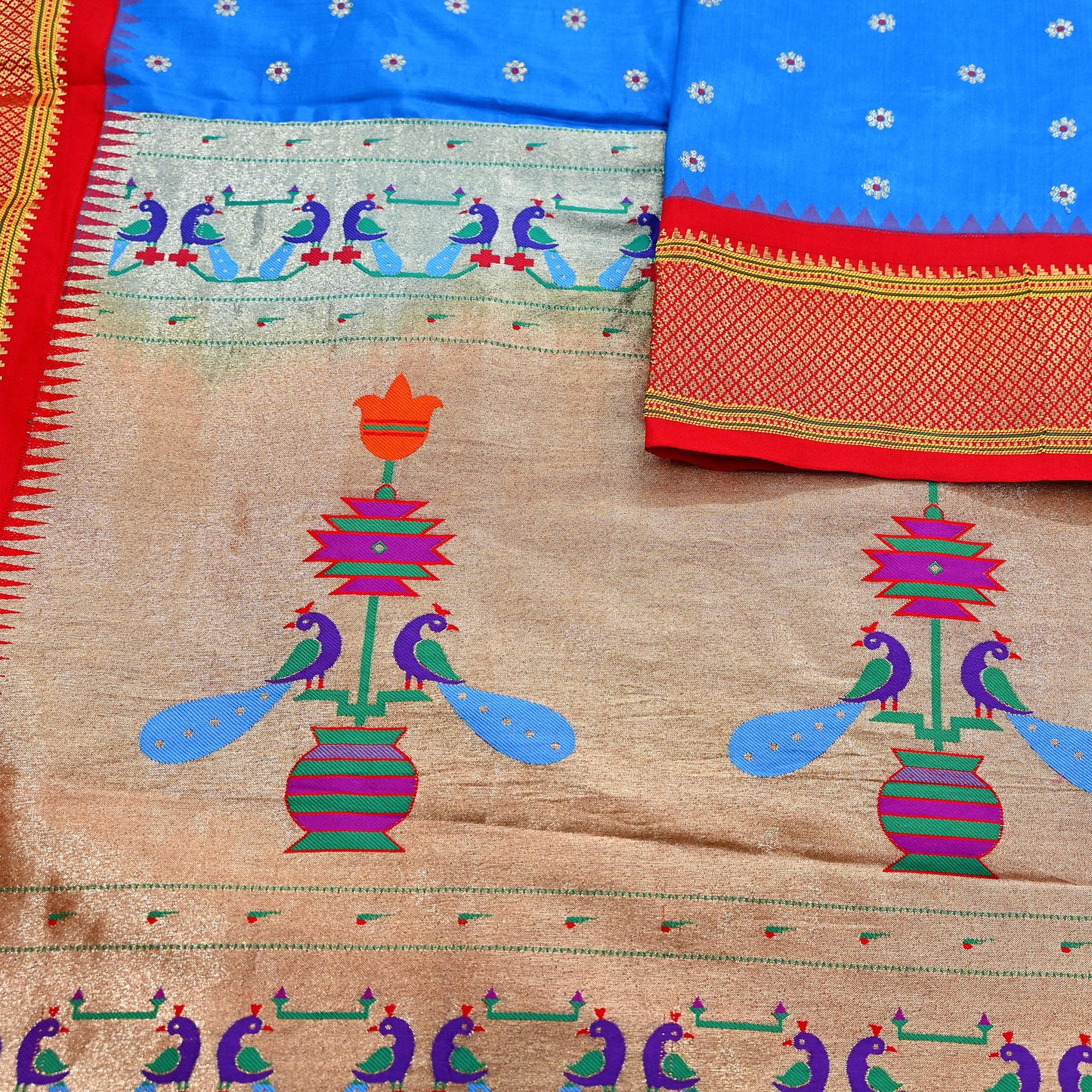 Indian Vintage Dupatta Blue & Red Artificial Silk Long Stole Hand Woven Paithani Scarves Veil Golden Zari Soft Peacock Design