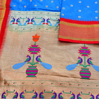 Indian Vintage Dupatta Blue & Red Artificial Silk Long Stole Hand Woven Paithani Scarves Veil Golden Zari Soft Peacock Design