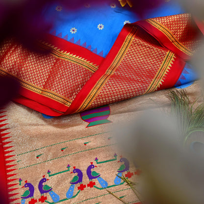 Indian Vintage Dupatta Blue & Red Artificial Silk Long Stole Hand Woven Paithani Scarves Veil Golden Zari Soft Peacock Design