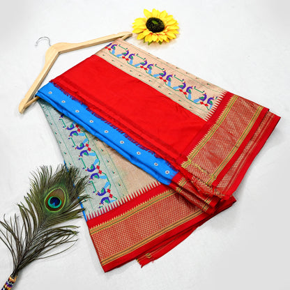 Indian Vintage Dupatta Blue & Red Artificial Silk Long Stole Hand Woven Paithani Scarves Veil Golden Zari Soft Peacock Design