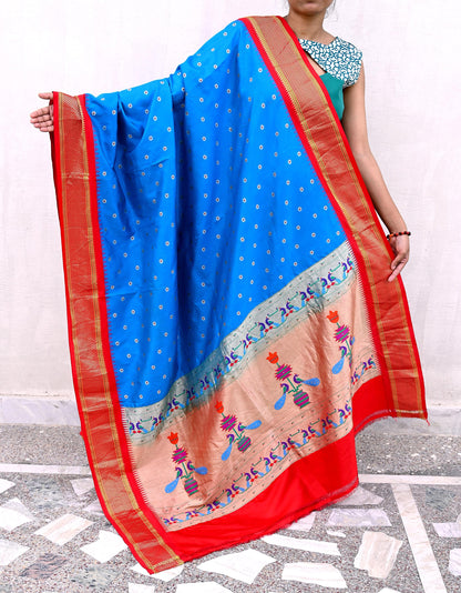 Indian Vintage Dupatta Blue & Red Artificial Silk Long Stole Hand Woven Paithani Scarves Veil Golden Zari Soft Peacock Design