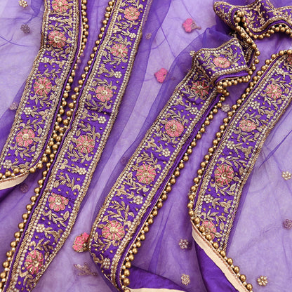 Indian party wear Purple Net Raw silk Hand Embroidered Semi Stitched Lehenga Set of 3pcs Bollywood style wedding wear