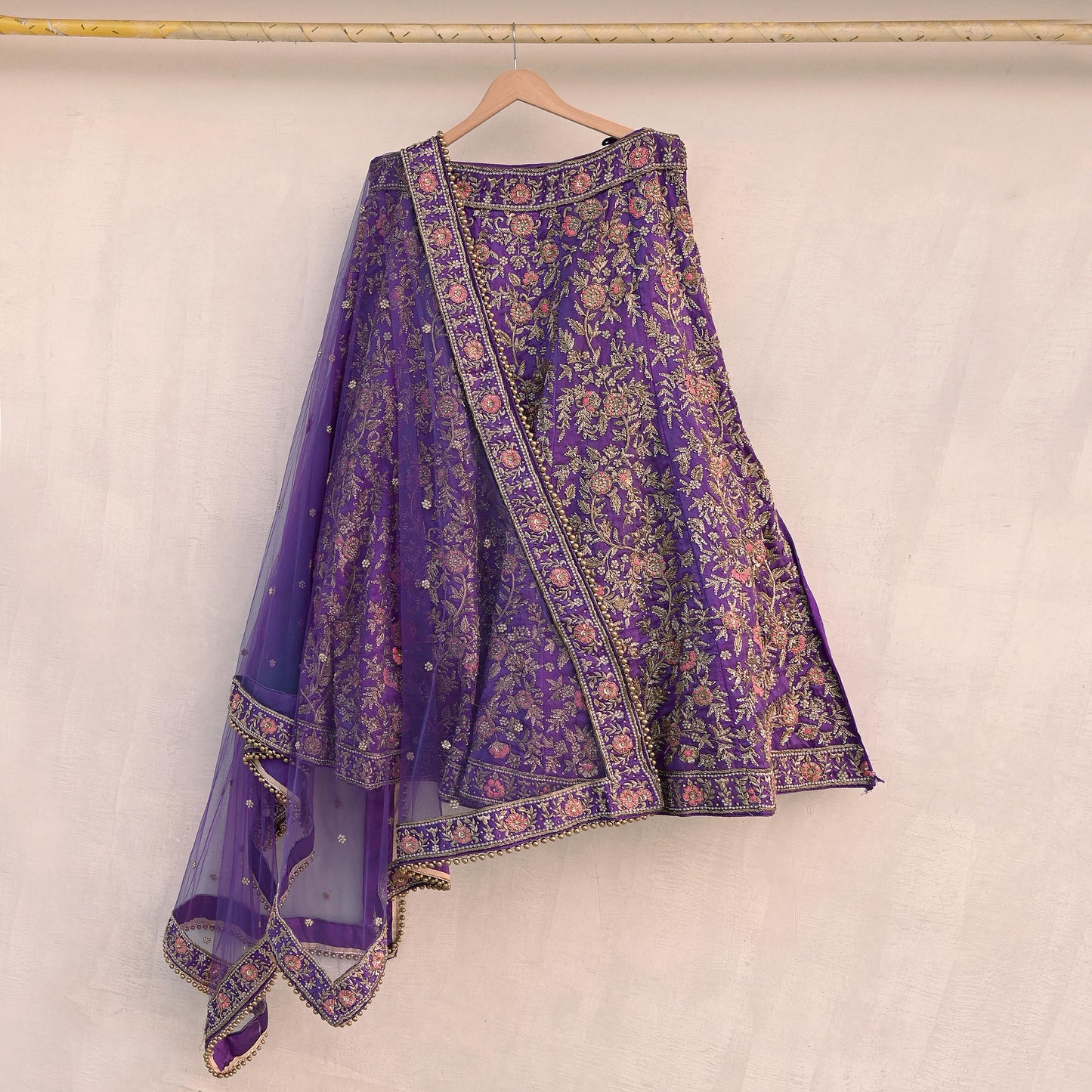 Indian party wear Purple Net Raw silk Hand Embroidered Semi Stitched Lehenga Set of 3pcs Bollywood style wedding wear