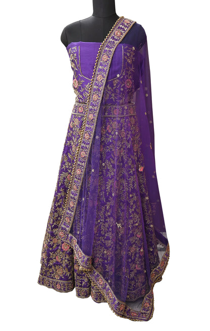 Indian party wear Purple Net Raw silk Hand Embroidered Semi Stitched Lehenga Set of 3pcs Bollywood style wedding wear