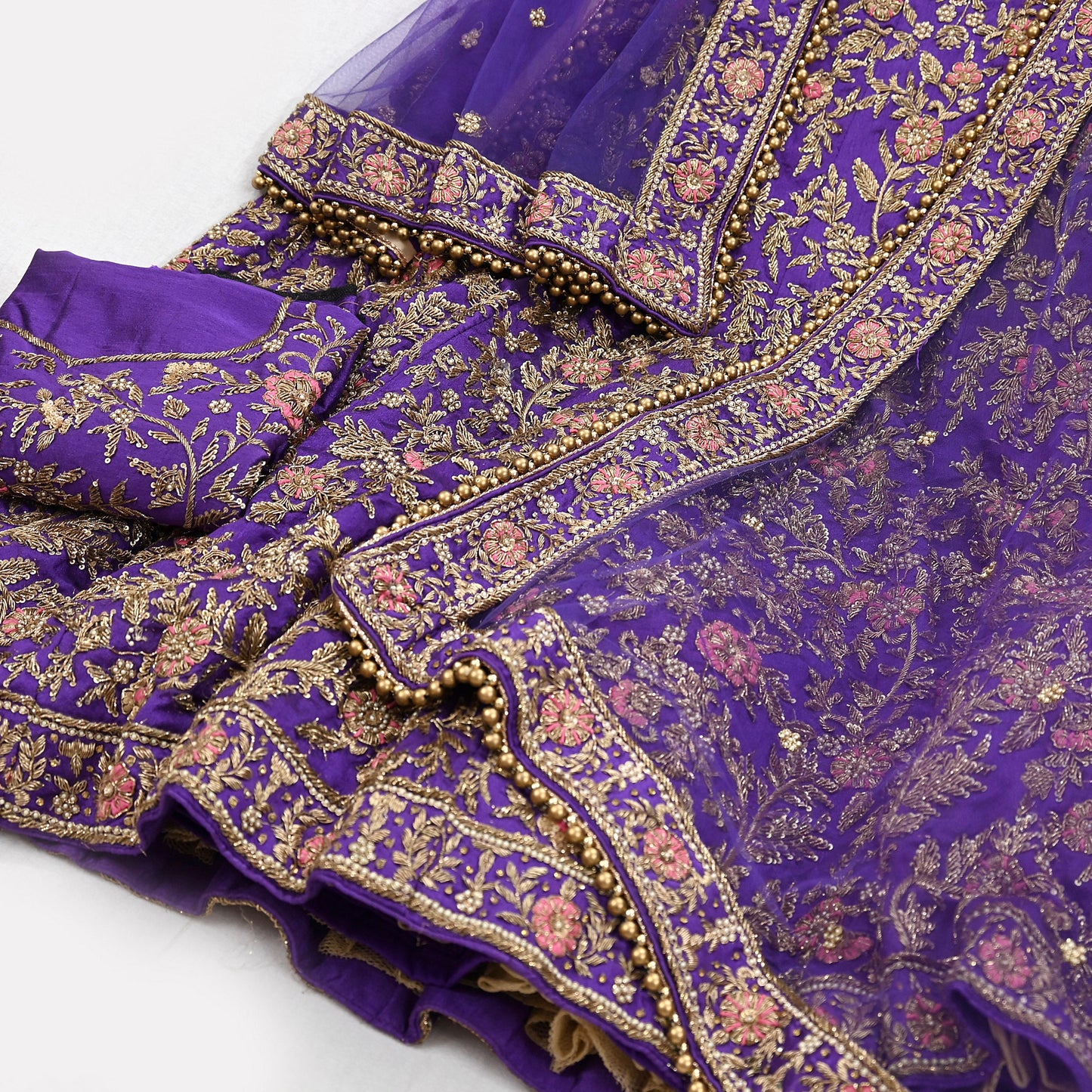 Indian party wear Purple Net Raw silk Hand Embroidered Semi Stitched Lehenga Set of 3pcs Bollywood style wedding wear