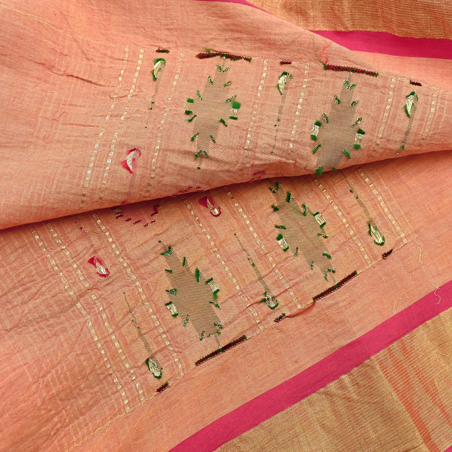 Indian Vintage Dupatta Pink & Peach Pure Cotton Long Stole Handloom Paithani Dupatta Scarves Veil Tissue Silk Muniya Border