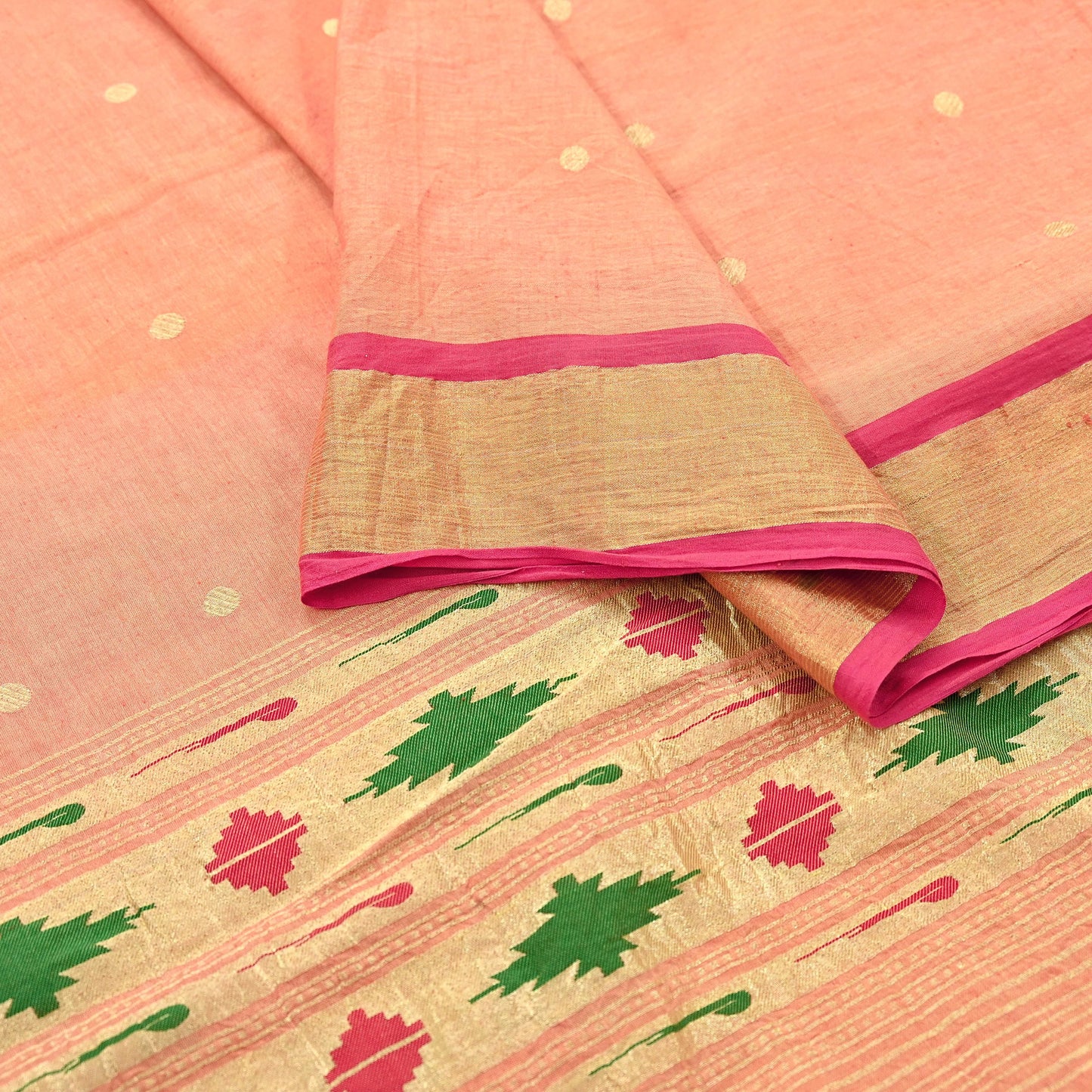 Indian Vintage Dupatta Pink & Peach Pure Cotton Long Stole Handloom Paithani Dupatta Scarves Veil Tissue Silk Muniya Border
