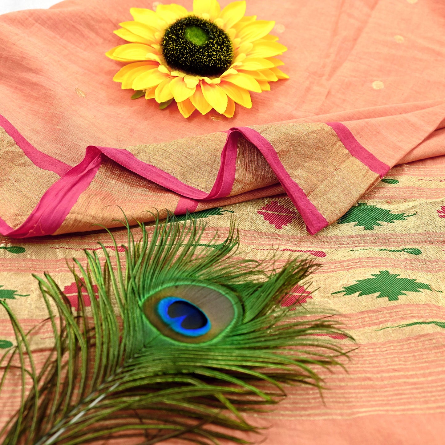 Indian Vintage Dupatta Pink & Peach Pure Cotton Long Stole Handloom Paithani Dupatta Scarves Veil Tissue Silk Muniya Border