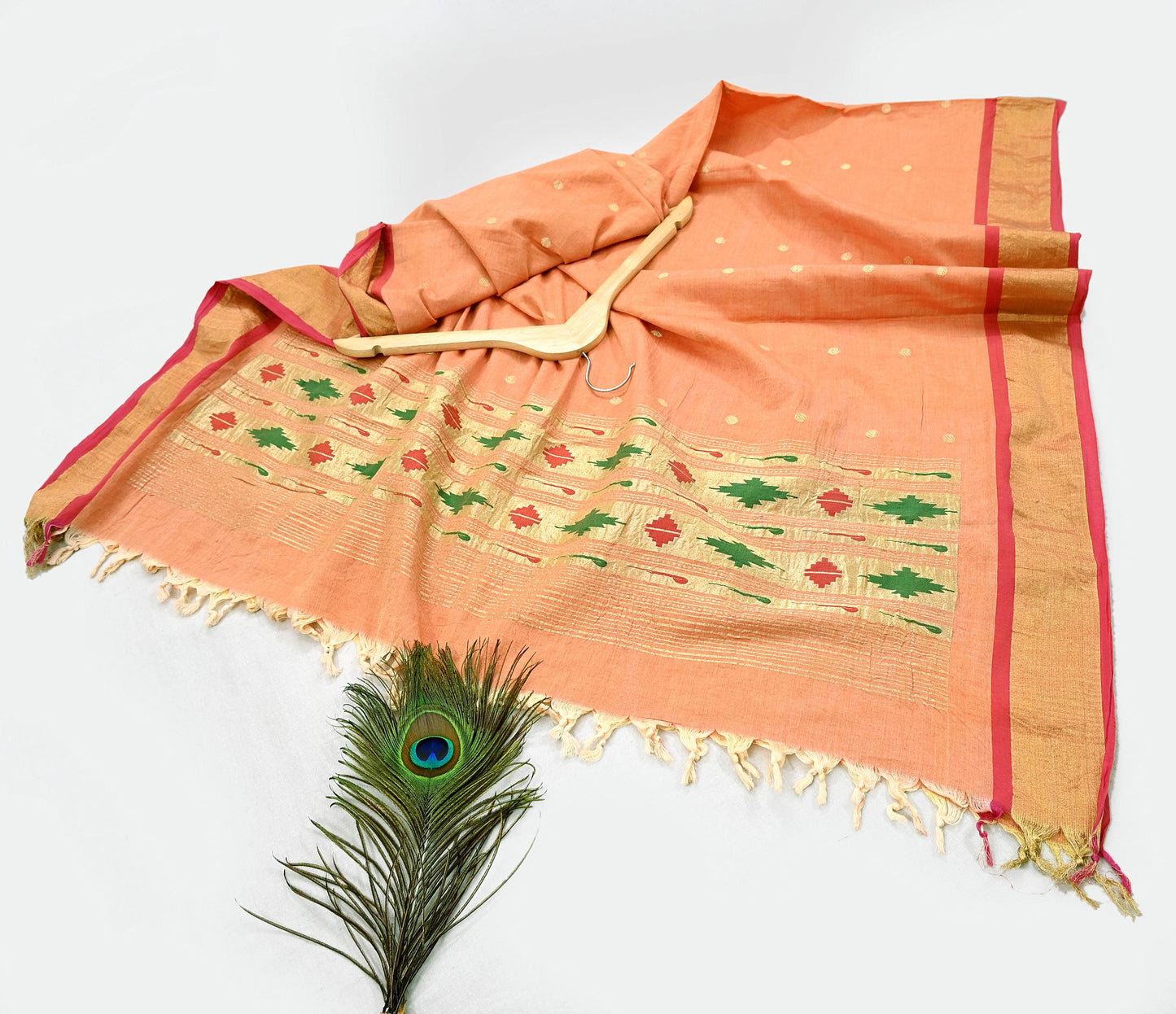 Indian Vintage Dupatta Pink & Peach Pure Cotton Long Stole Handloom Paithani Dupatta Scarves Veil Tissue Silk Muniya Border
