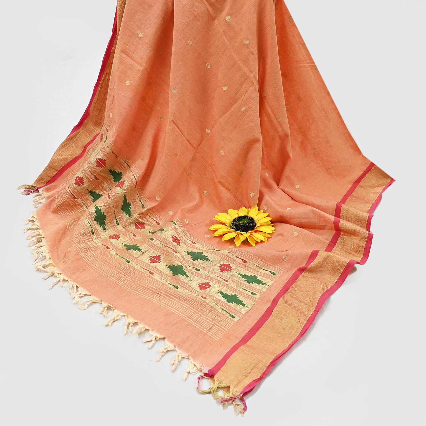 Indian Vintage Dupatta Pink & Peach Pure Cotton Long Stole Handloom Paithani Dupatta Scarves Veil Tissue Silk Muniya Border