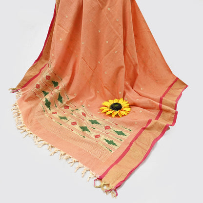 Indian Vintage Dupatta Pink & Peach Pure Cotton Long Stole Handloom Paithani Dupatta Scarves Veil Tissue Silk Muniya Border