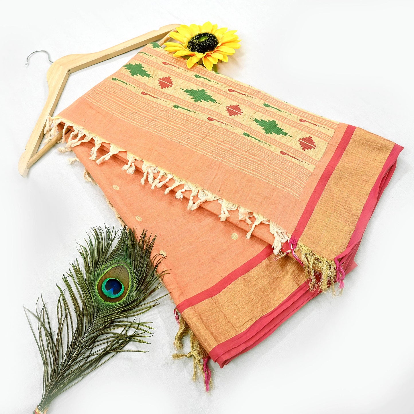 Indian Vintage Dupatta Pink & Peach Pure Cotton Long Stole Handloom Paithani Dupatta Scarves Veil Tissue Silk Muniya Border