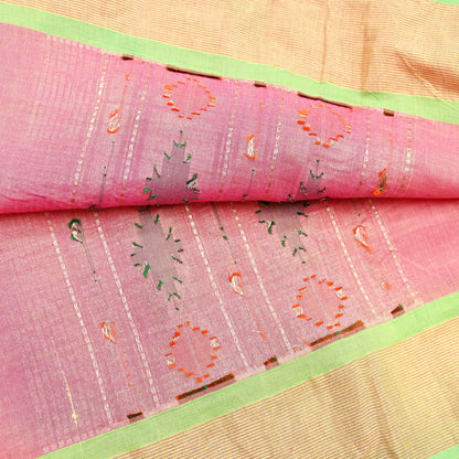 Indian Vintage Dupatta Pink Pure Cotton Long Stole Handloom Paithani Dupatta Scarves Veil Tissue Silk Muniya Border