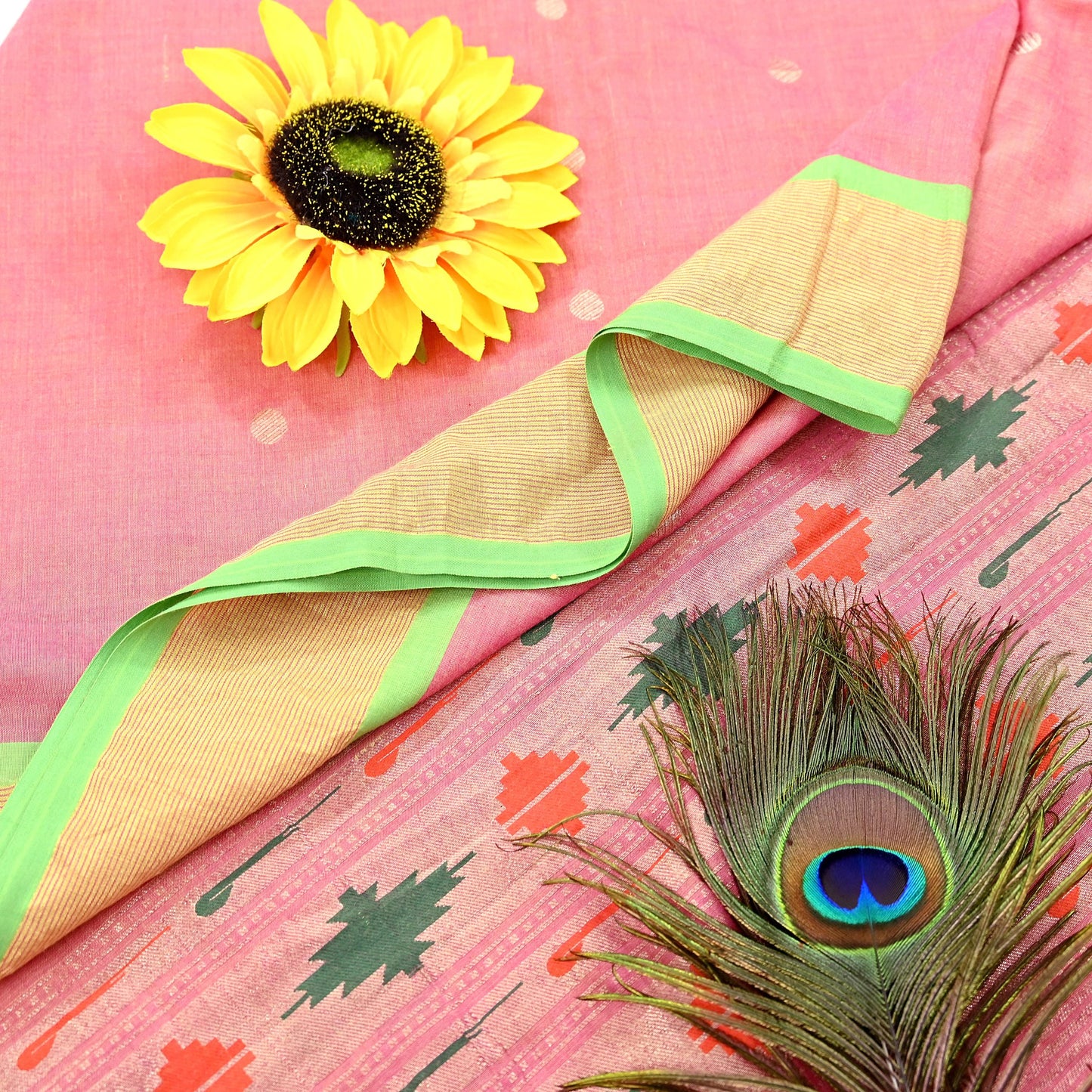 Indian Vintage Dupatta Pink Pure Cotton Long Stole Handloom Paithani Dupatta Scarves Veil Tissue Silk Muniya Border