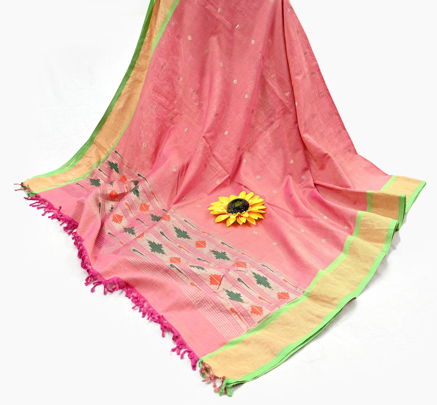 Indian Vintage Dupatta Pink Pure Cotton Long Stole Handloom Paithani Dupatta Scarves Veil Tissue Silk Muniya Border