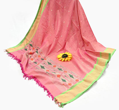 Indian Vintage Dupatta Pink Pure Cotton Long Stole Handloom Paithani Dupatta Scarves Veil Tissue Silk Muniya Border