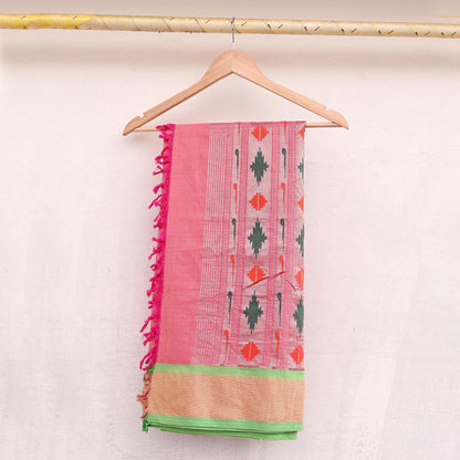 Indian Vintage Dupatta Pink Pure Cotton Long Stole Handloom Paithani Dupatta Scarves Veil Tissue Silk Muniya Border