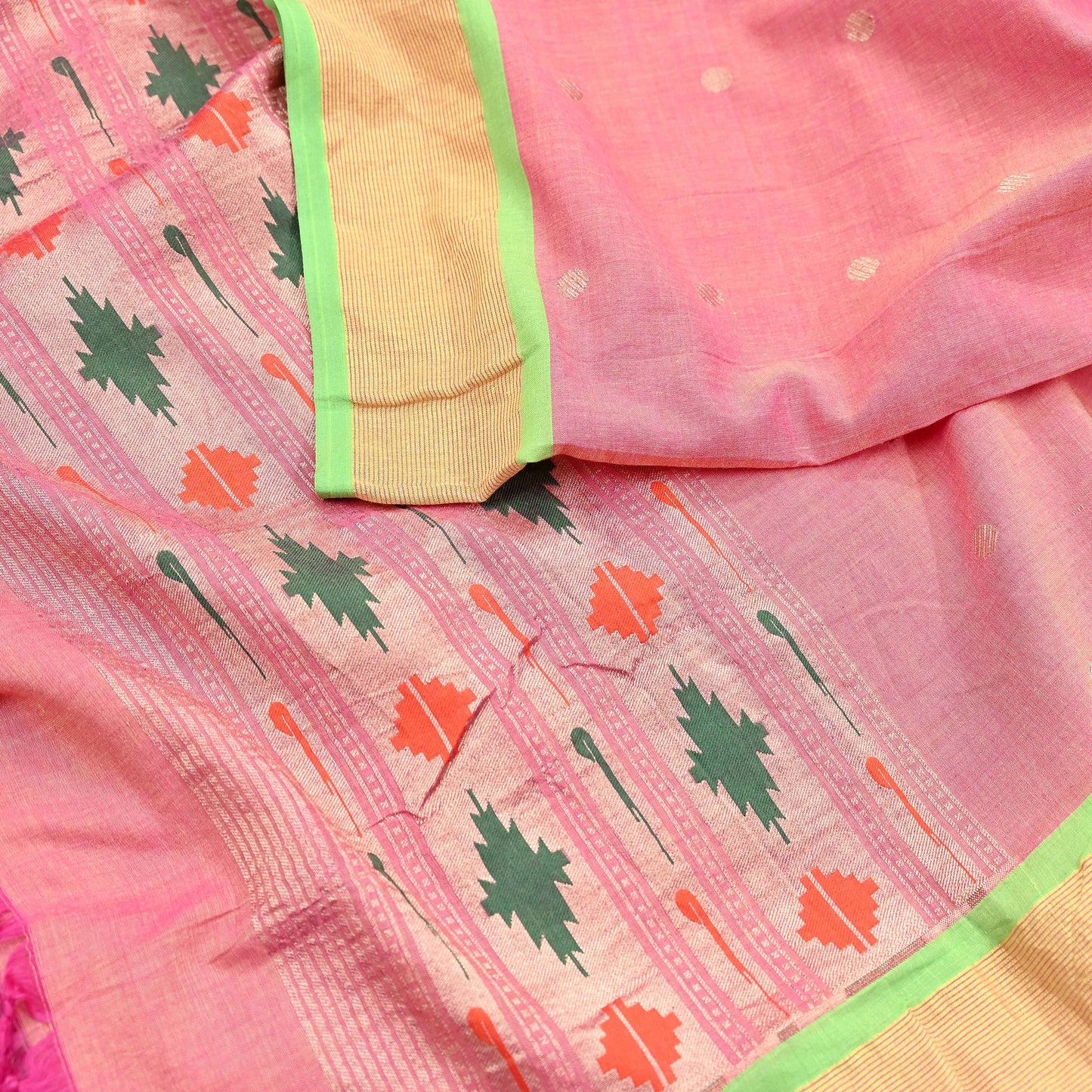 Indian Vintage Dupatta Pink Pure Cotton Long Stole Handloom Paithani Dupatta Scarves Veil Tissue Silk Muniya Border